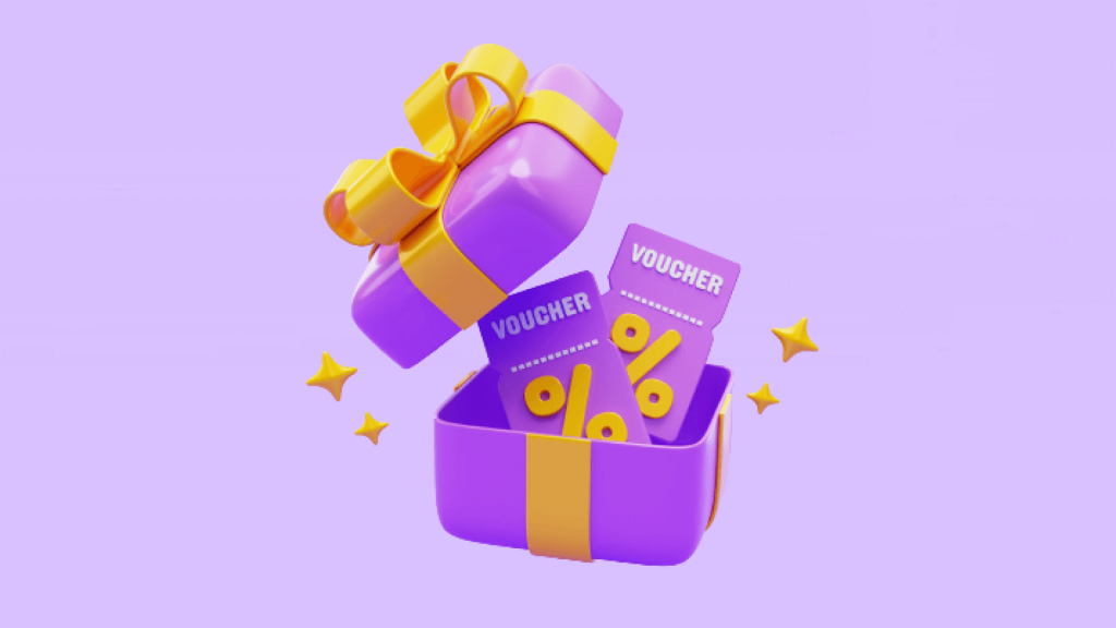 Shows a gift box inside of which is a voucher with a percentage sign