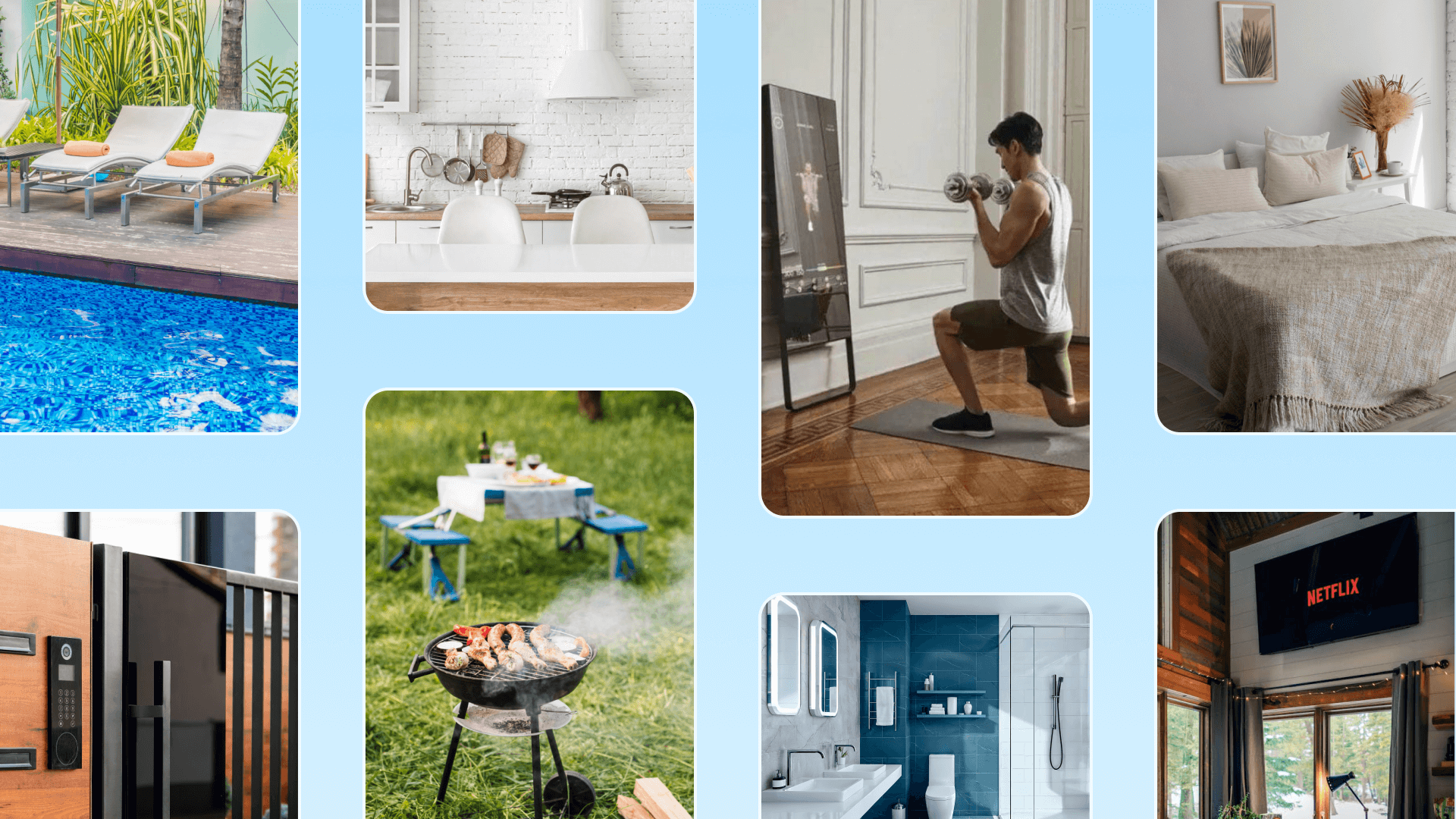 Grid of eight vacation rental amenities: pool, kitchen, home gym, bedroom, smart lock, BBQ grill, bathroom, and a Netflix TV.