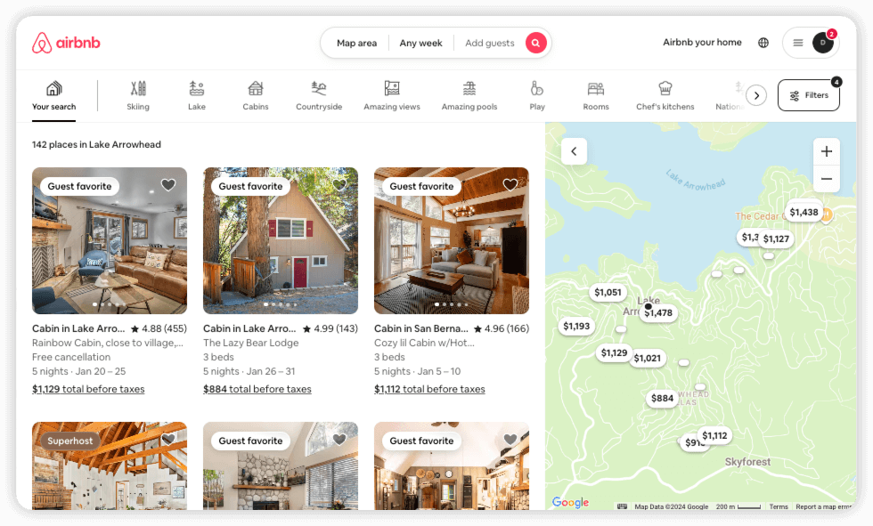 How search results are displayed on the Airbnb website.