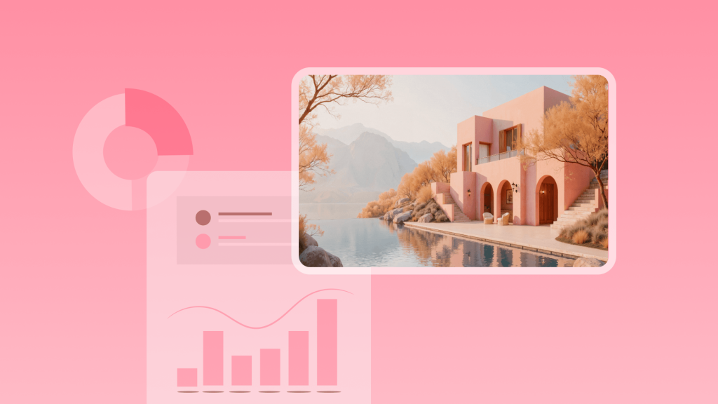 Pink cover image with rising bar chart and house by lake for Airbnb profitability insights
