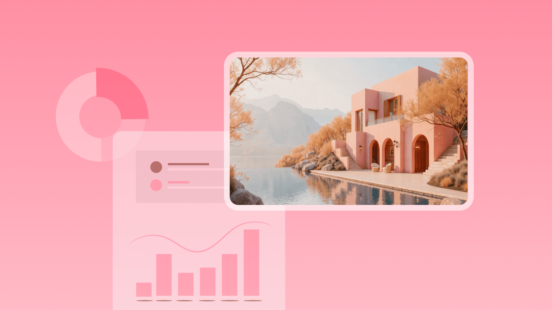 Pink cover image with rising bar chart and house by lake for Airbnb profitability insights