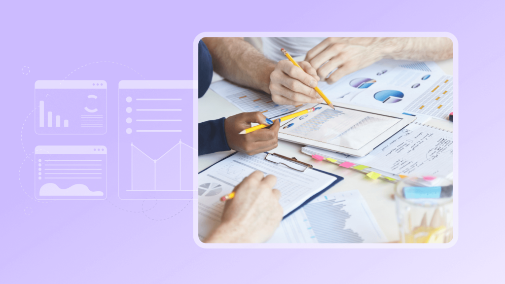 Purple graphic with dashboard icons beside a photo of professionals reviewing charts for vacation rental pricing strategy.
