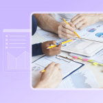 Purple graphic with dashboard icons beside a photo of professionals reviewing charts for vacation rental pricing strategy.