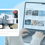 Light blue cover with a laptop showing Airbnb search results, hands typing, and a property photo card with the Airbnb logo.