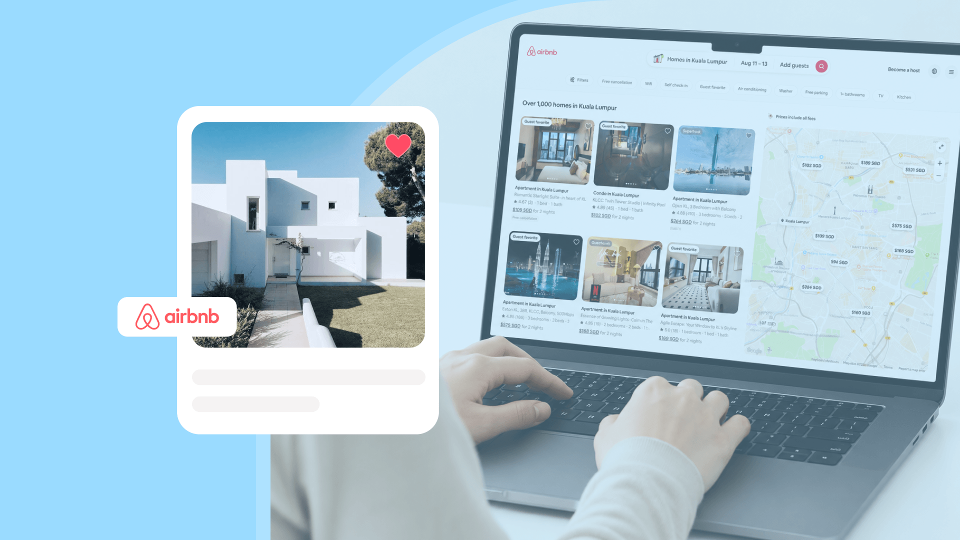 Light blue cover with a laptop showing Airbnb search results, hands typing, and a property photo card with the Airbnb logo.