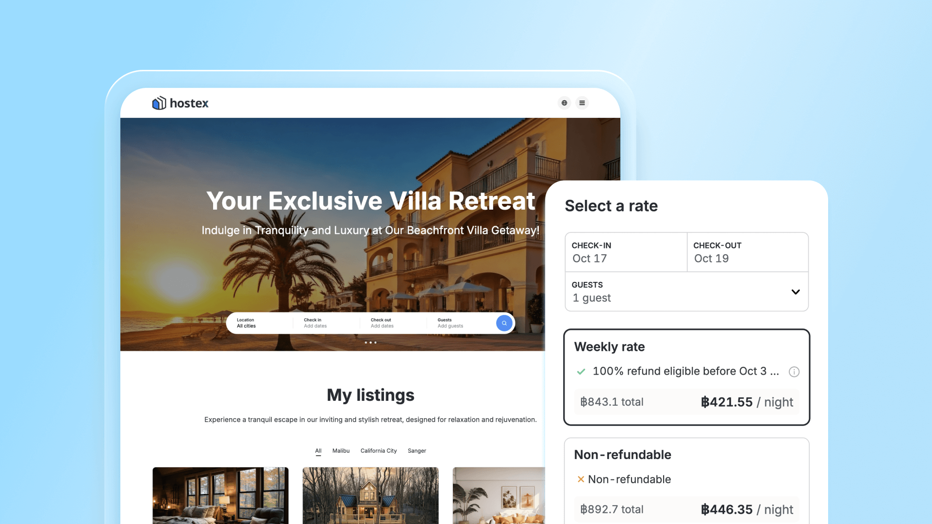 Hostex direct booking site for Your Exclusive Villa Retreat showing check-in, check-out, guests, and nightly rate options.
