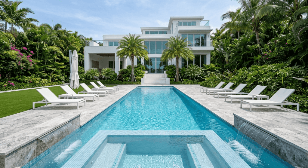 Luxury three-story Airbnb villa with a large swimming pool in the courtyard, surrounded by tropical plants, representing a high-end short-term rental property experience.