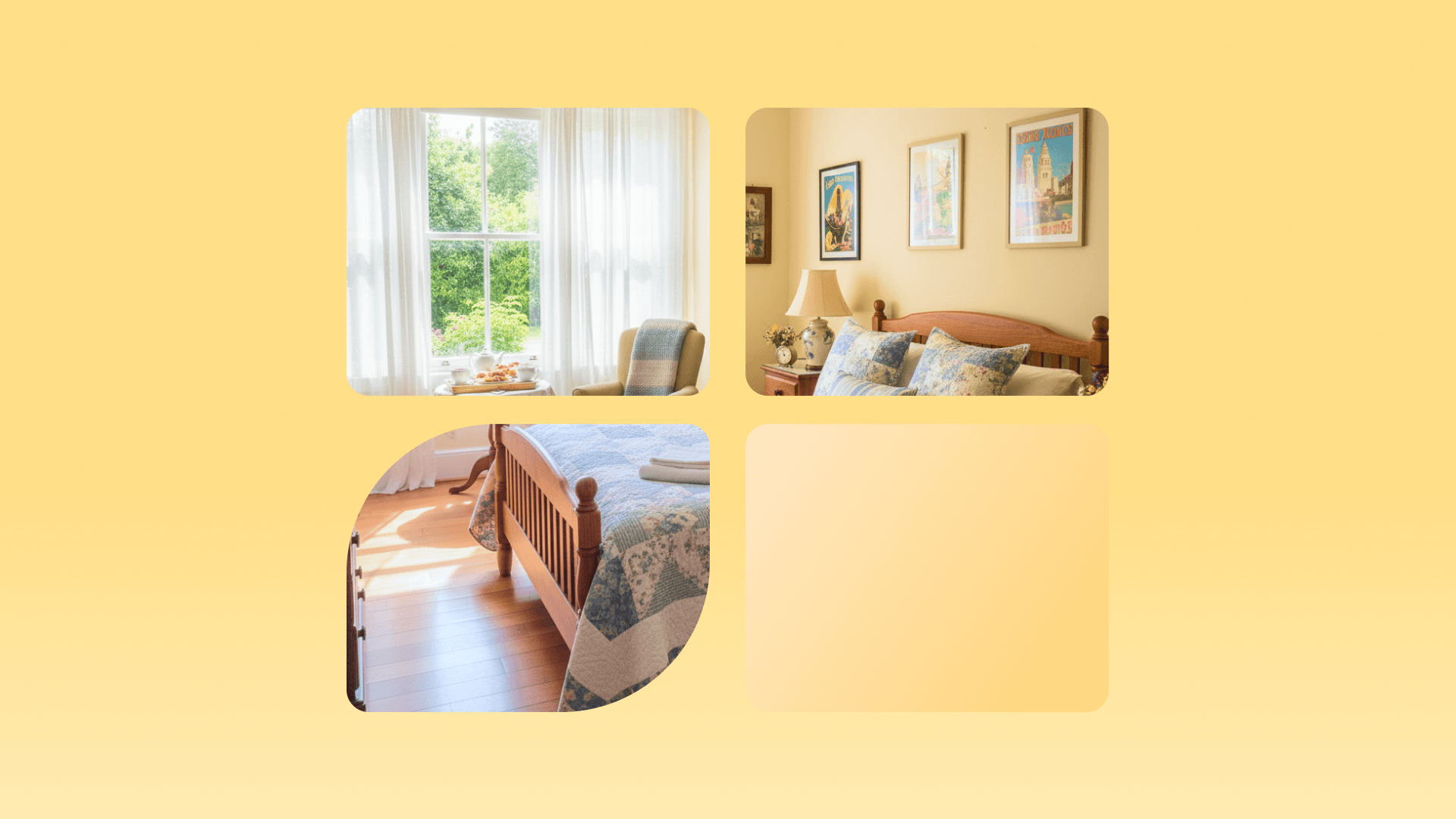Four-pane window composite on yellow showing a bright vacation rental bedroom with quilted bed, Florence prints, and armchair
