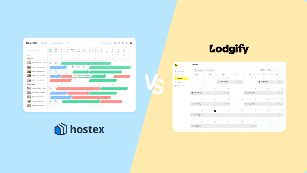 Side-by-side calendar comparison of Hostex versus Lodgify for short-term rental hosts managing multi-property bookings.