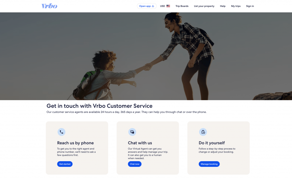 Vrbo Customer Service Contact Page Screenshot