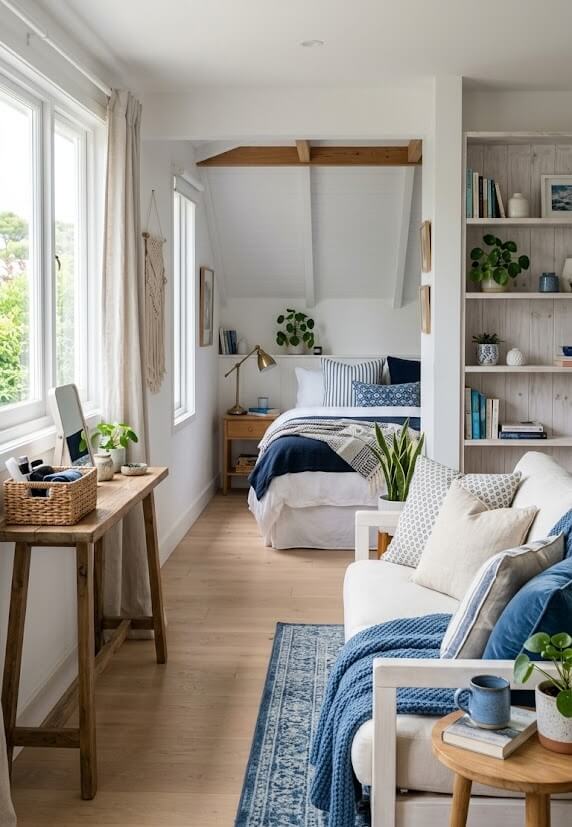 A vertical shot of a bright, cozy studio apartment interior. The space features minimalist white walls paired with blue decor elements. In the foreground, there is a comfortable white sofa with blue cushions and a textured blue throw blanket, resting on a vintage blue patterned rug. In the background, a neat bed with white linens and a navy blue blanket is nestled in a cozy alcove. Wooden accents, a bookshelf filled with books, and fresh green potted plants add a warm, lived-in feel to the room.