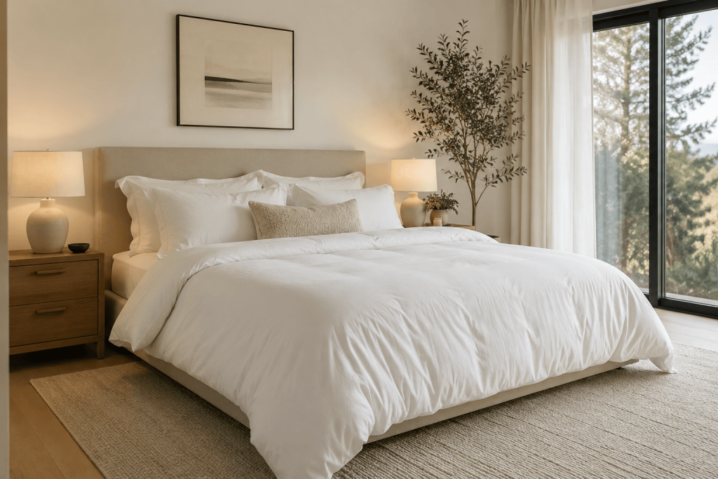 A simple and cozy Airbnb bedroom, with white as the main color of the walls and bedding, paired with some light wood-toned and white wooden furniture.