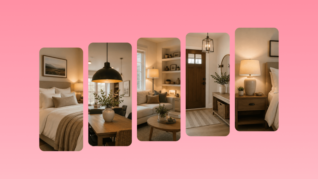 Five Airbnb interior design styles for STR hosts covering bedroom, living room, dining, entryway, and bedside decor