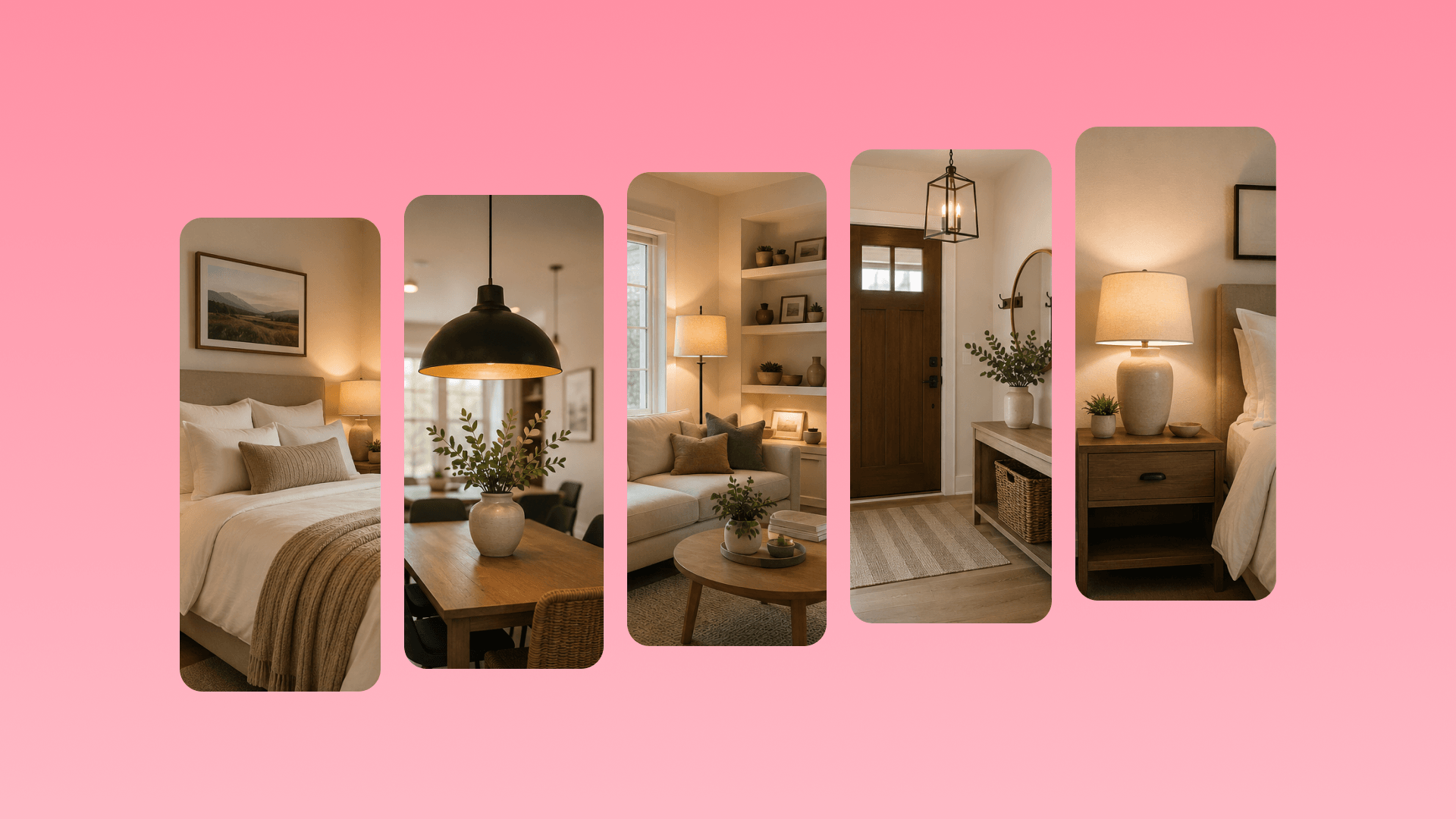 Five Airbnb interior design styles for STR hosts covering bedroom, living room, dining, entryway, and bedside decor