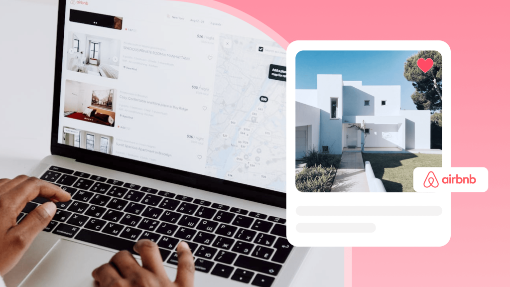 A laptop showing Airbnb last-minute deal search results with a mobile card displaying a saved vacation rental villa