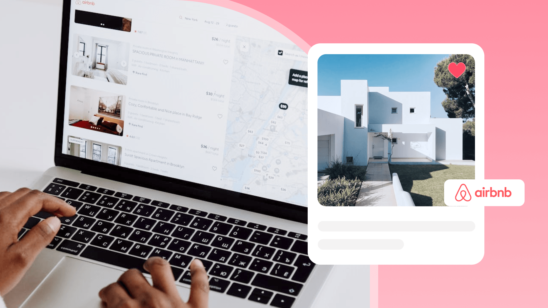 A laptop showing Airbnb last-minute deal search results with a mobile card displaying a saved vacation rental villa