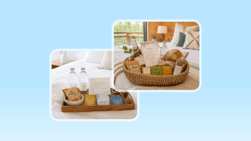 Two Airbnb welcome basket ideas for STR hosts on white bedding with water, snacks, wine, and artisan bread