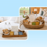 Two Airbnb welcome basket ideas for STR hosts on white bedding with water, snacks, wine, and artisan bread