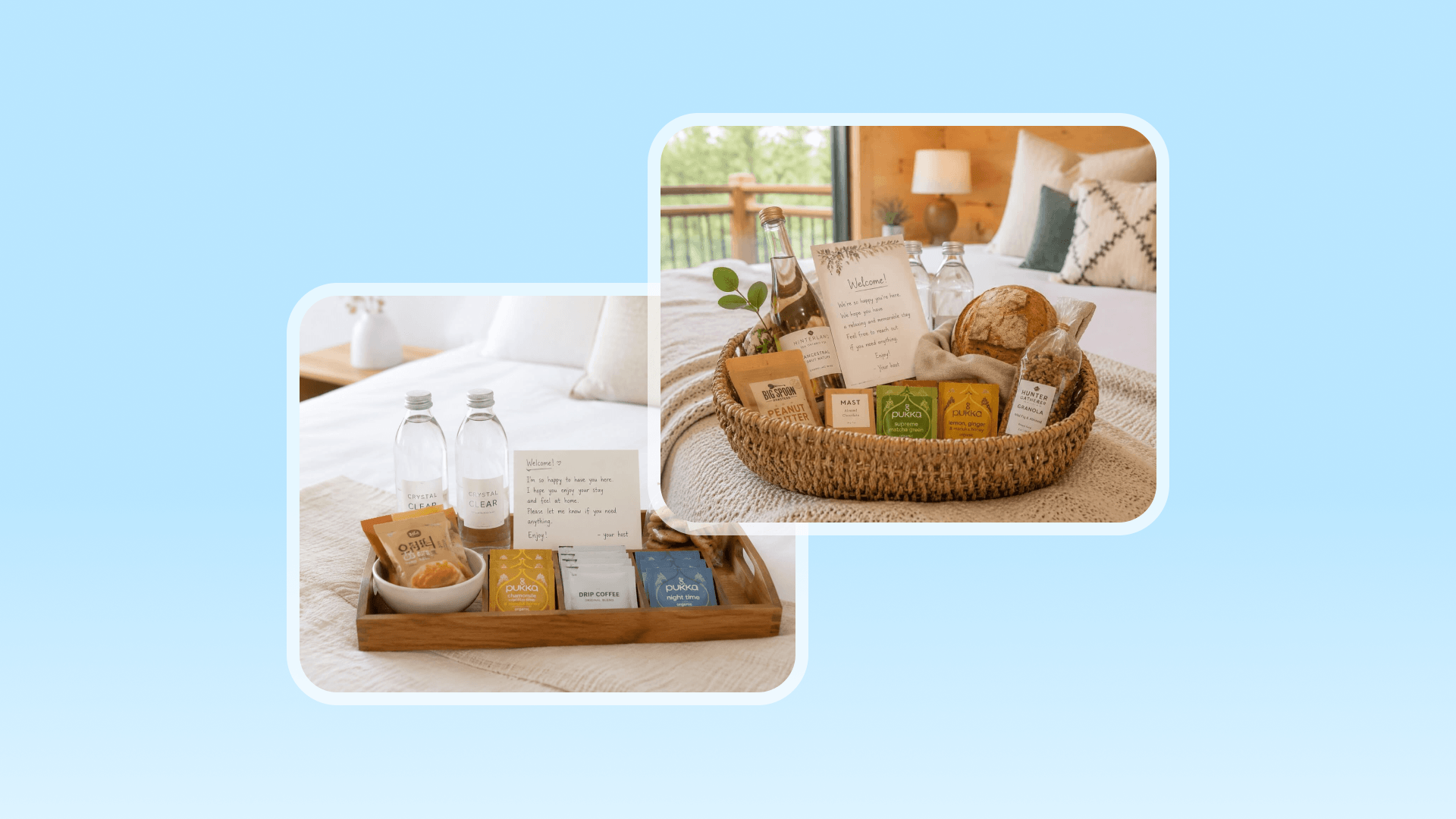 Two Airbnb welcome basket ideas for STR hosts on white bedding with water, snacks, wine, and artisan bread