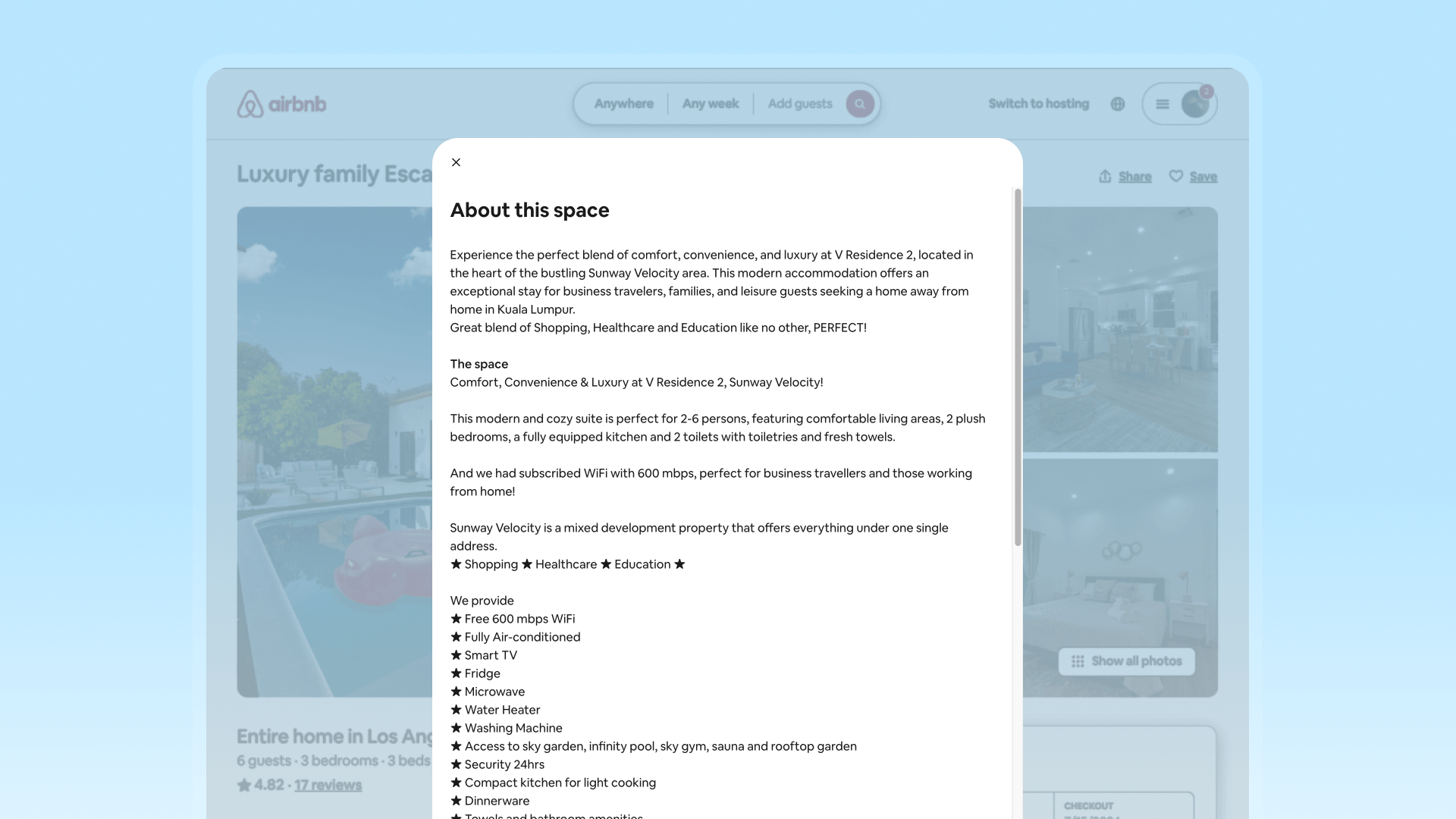 An Airbnb listing showing vacation rental amenities with WiFi, air conditioning, smart TV, and infinity pool access