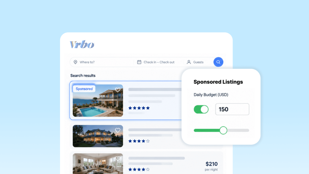 Vrbo search results page mockup with a Sponsored Listings card showing a daily budget toggle set to $150 USD