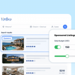 Vrbo sponsored listing setup for vacation rental hosts showing search results with a daily budget slider set to $150