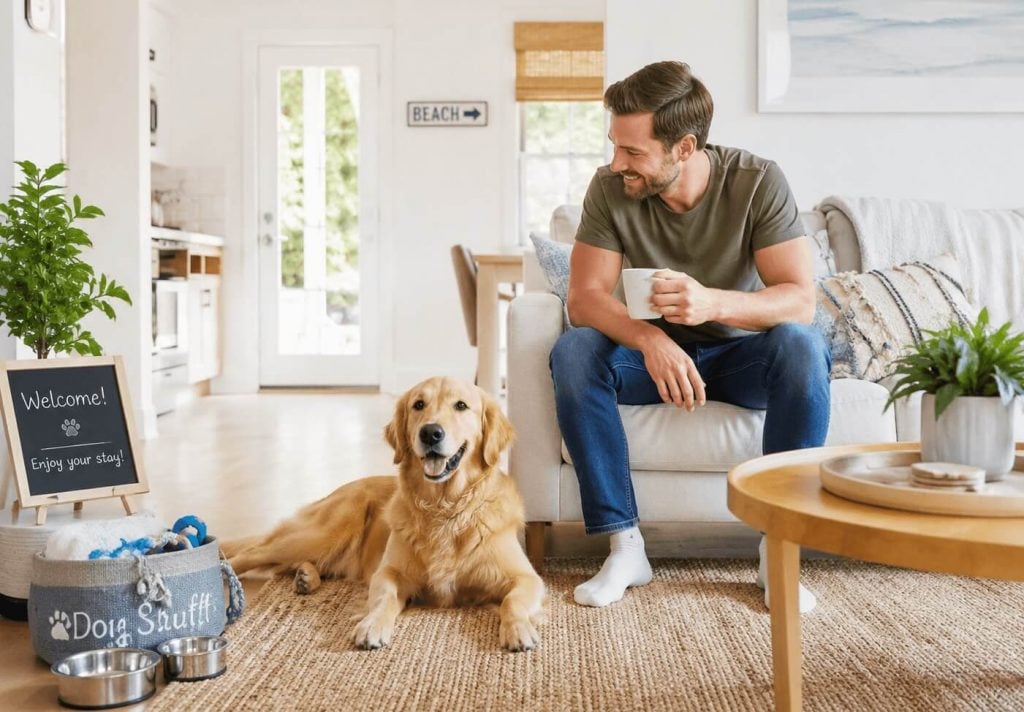 Man sitting on an Airbnb sofa smiling at a golden retriever lying comfortably on the floor beside him in a pet-friendly vacation rental.