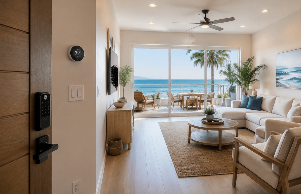 A bright, modern coastal Airbnb living room with subtle smart home features integrated naturally into the space, creating a comfortable and energy-efficient vacation rental atmosphere.