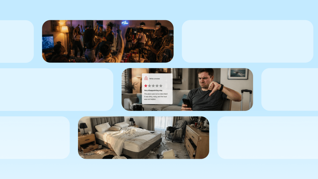 Showcase various scenarios of Airbnb difficult guests in a puzzle format, such as throwing unauthorized parties, leaving unwarranted bad reviews, causing damage to the property, and more.