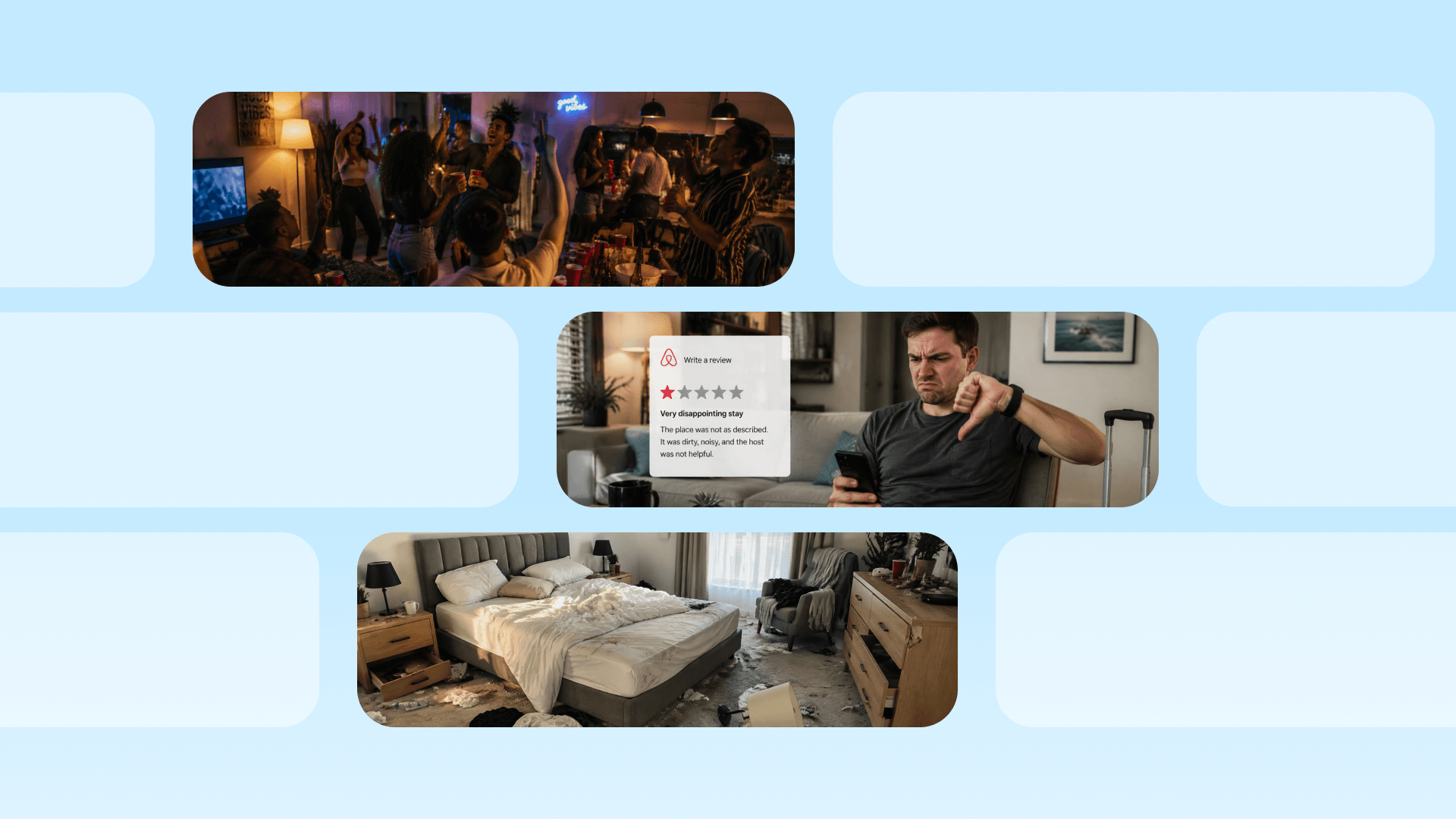 Showcase various scenarios of Airbnb difficult guests in a puzzle format, such as throwing unauthorized parties, leaving unwarranted bad reviews, causing damage to the property, and more.