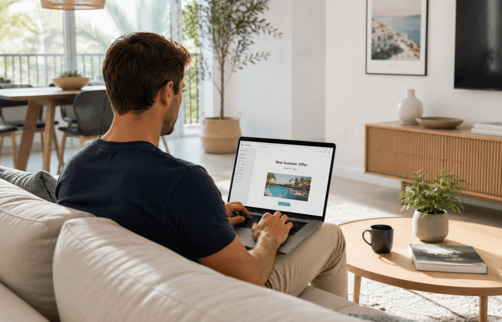 Airbnb host sitting on a sofa in a bright modern vacation rental living room, using a laptop to manage email marketing campaigns.