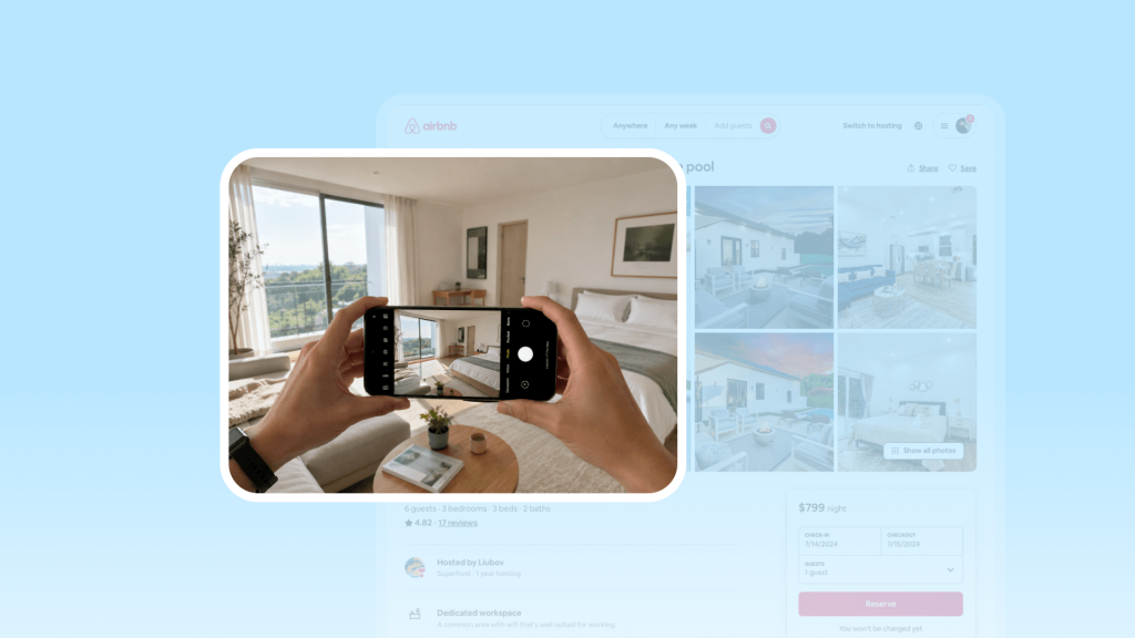 Airbnb photography tips guide for hosts showing step-by-step process for taking high-quality listing photos for short-term rental properties.