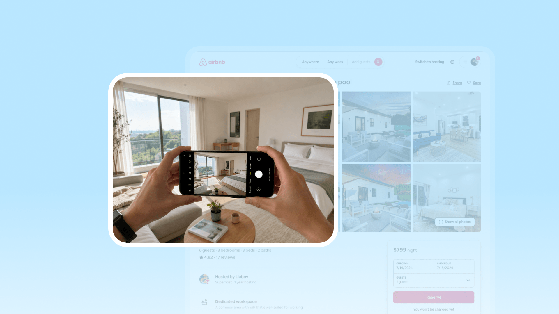 A professional DSLR camera on a tripod aimed at a beautifully staged bedroom with warm lighting and styled decor, demonstrating Airbnb property photography best practices for hosts.
