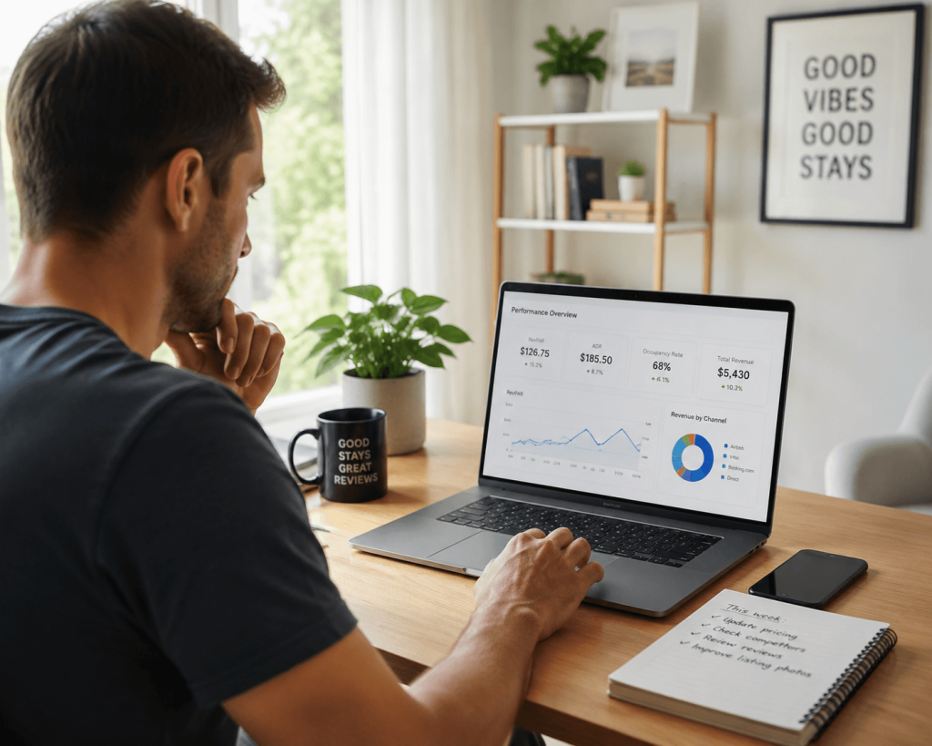 Airbnb host using a laptop to view property performance data in Hostex, including RevPAR metrics for short-term rental management.