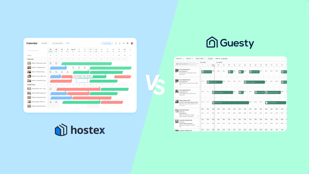 Hostex vs. Guesty comparison image displaying both platforms in a laptop split-screen layout