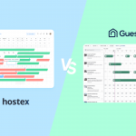 Hostex vs. Guesty comparison image displaying both platforms in a laptop split-screen layout