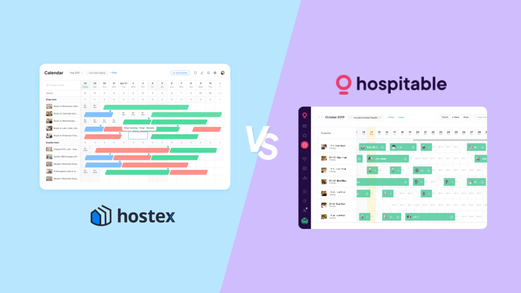 Side-by-side cover with VS, showing the Hostex property management calendar and the Hospitable calendar on the right.