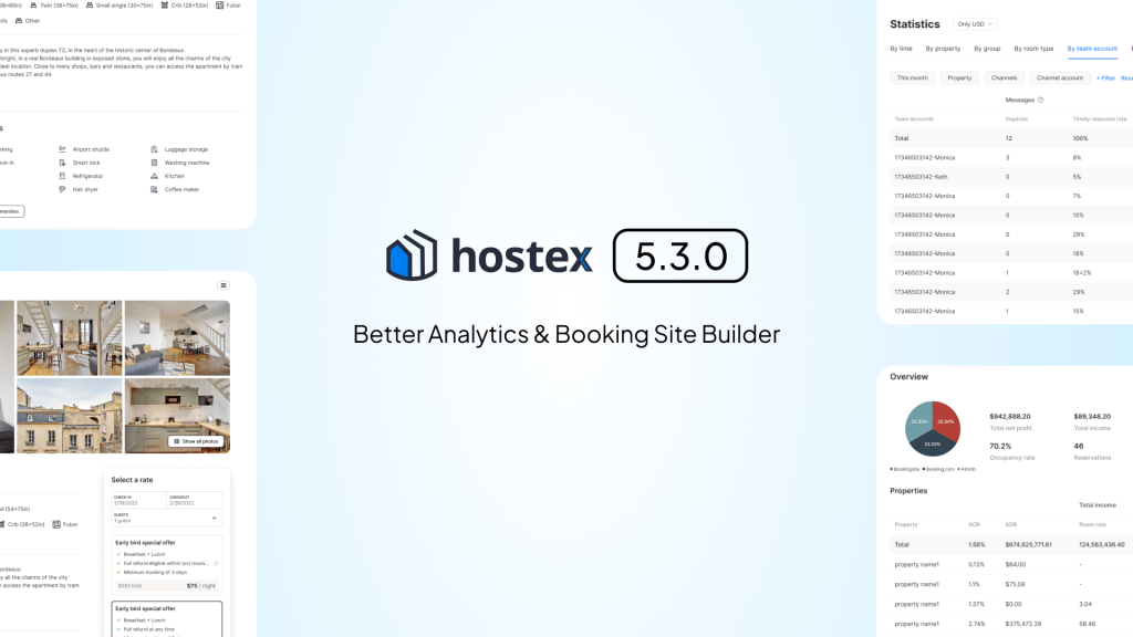 Hostex 5.3.0 update banner announcing better PMS tools for vacation rental hosts