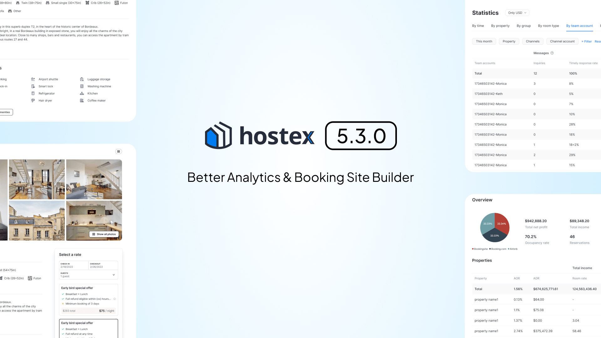 Hostex 5.3.0 update banner announcing better PMS tools for vacation rental hosts