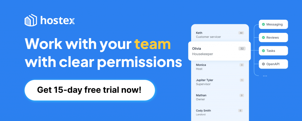 Hostex team account feature mockup demonstrating role-based access permissions, team collaboration dashboard, and 15-day free trial button