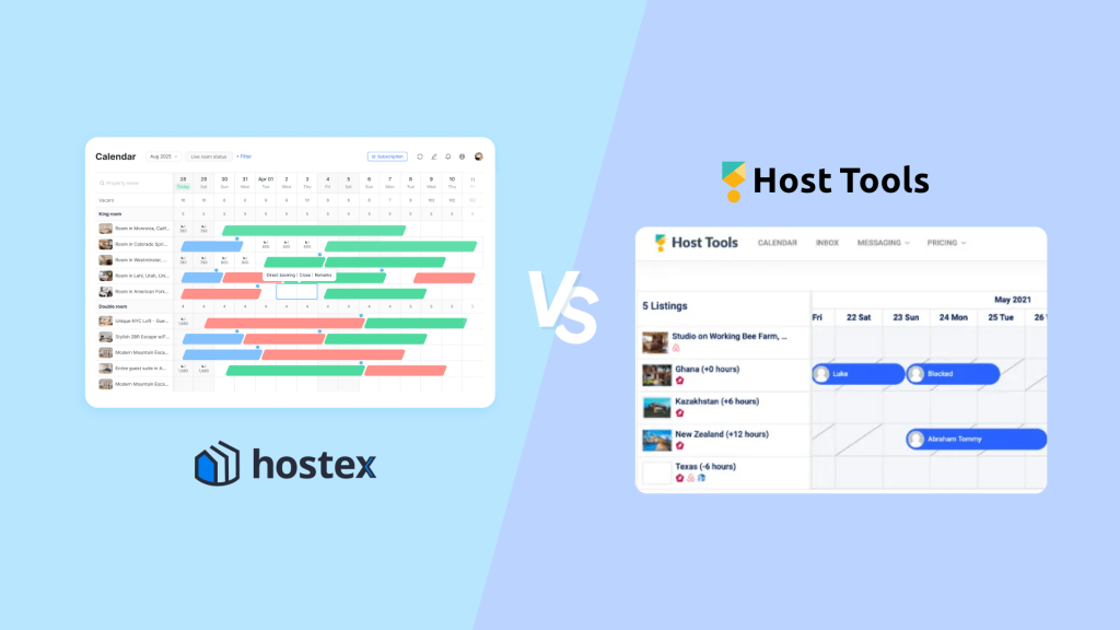 Hostex vs HostTools comparison image displaying both platforms in a laptop split-screen layout