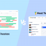 Hostex vs HostTools comparison image displaying both platforms in a laptop split-screen layout