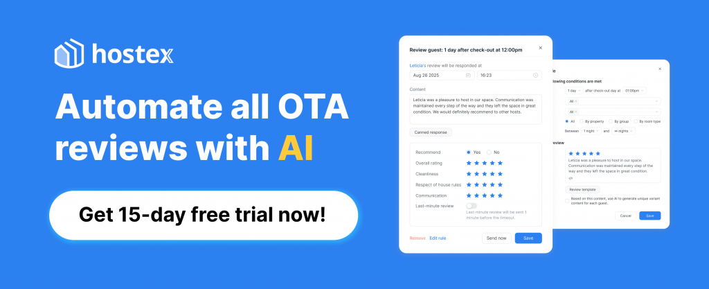 Hostex feature screenshot showing automatic review requests, automated review replies, and AI polishing for OTA reviews