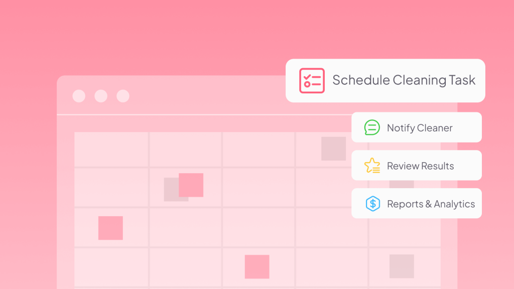 Illustration of a cleaning calendar for vacation rental hosts, with labels for automated schedule and notify cleaner.