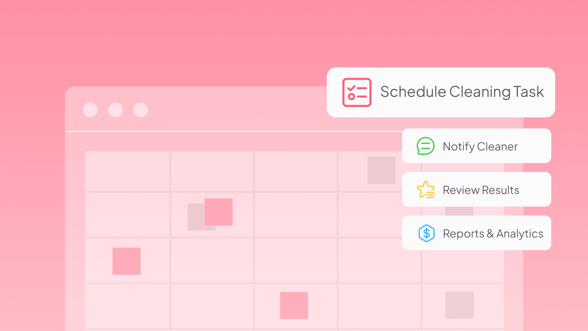 Illustration of a cleaning calendar for vacation rental hosts, with labels for automated schedule and notify cleaner.