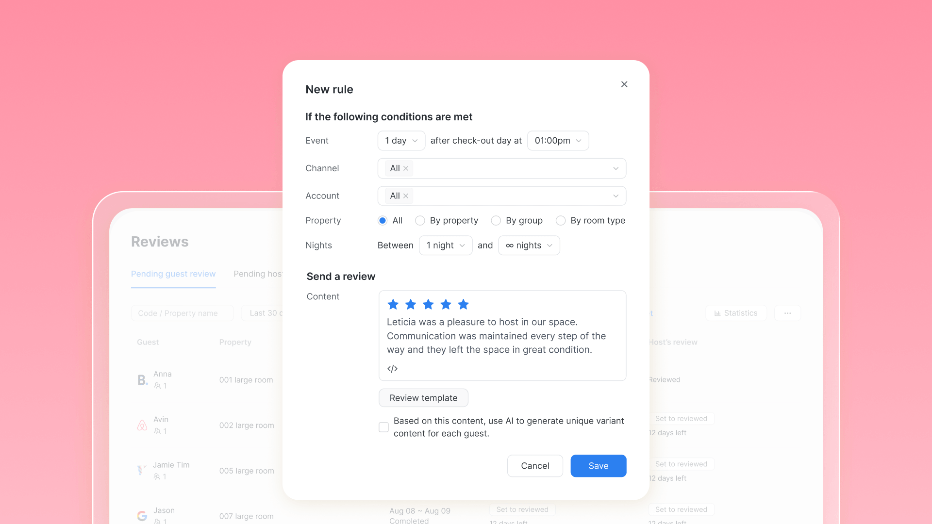 Hostex feature screenshot showing automatic review requests, automated review replies, and AI polishing for OTA reviews