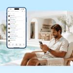 An Airbnb host sitting by the pool, replying to guest messages on his phone.