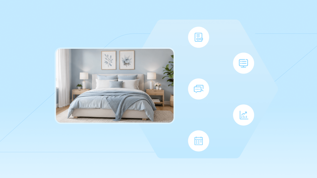 A blue background featuring a mid-term rental bedroom photo alongside icons representing key tasks such as calendar management, pricing strategy, guest communication, and insurance coverage.
