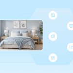 A blue background featuring a mid-term rental bedroom photo alongside icons representing key tasks such as calendar management, pricing strategy, guest communication, and insurance coverage.