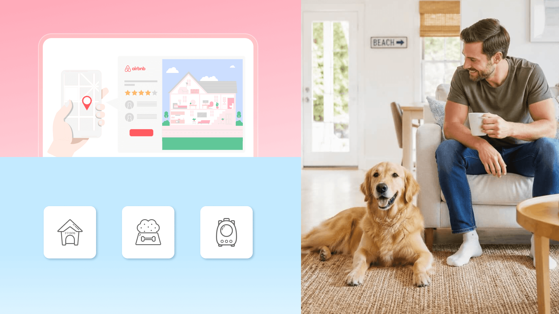 Man sitting on an Airbnb sofa smiling at a golden retriever lying comfortably on the floor beside him in a pet-friendly vacation rental.